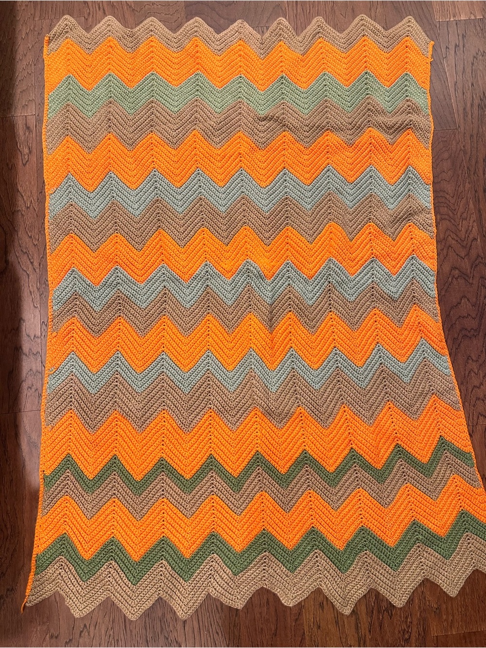 Vintage Chevron Knit Blanket in Orange, Olive & Tan - approx 38 in. X 54 in.